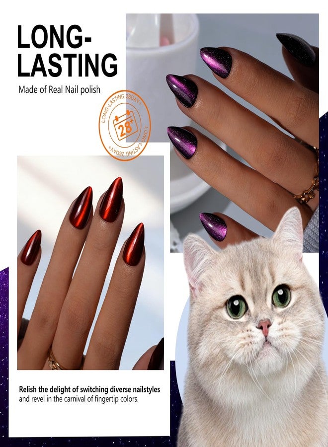 KQueenest Cat Eye Press On Nails Short Almond, Acrylic Press On Nails with Glue, Sparkle Purple Black Fake Nails Stiletto, Soft Gel Glue On Nails for Woman, Long-Lasting Glitter Effect, 30 Pcs - Image 4
